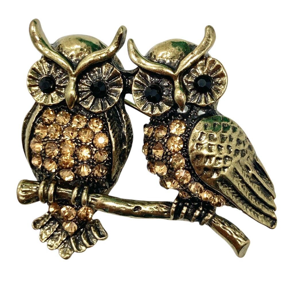Vintage Gold Tone Owl Pair Brooch Pin Crystal Two Birds